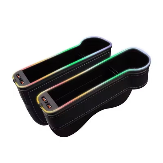 LED Car Seat Gap Cup Holder Organizer – RGB Ambient Light + Storage Box with Dual USB Charging